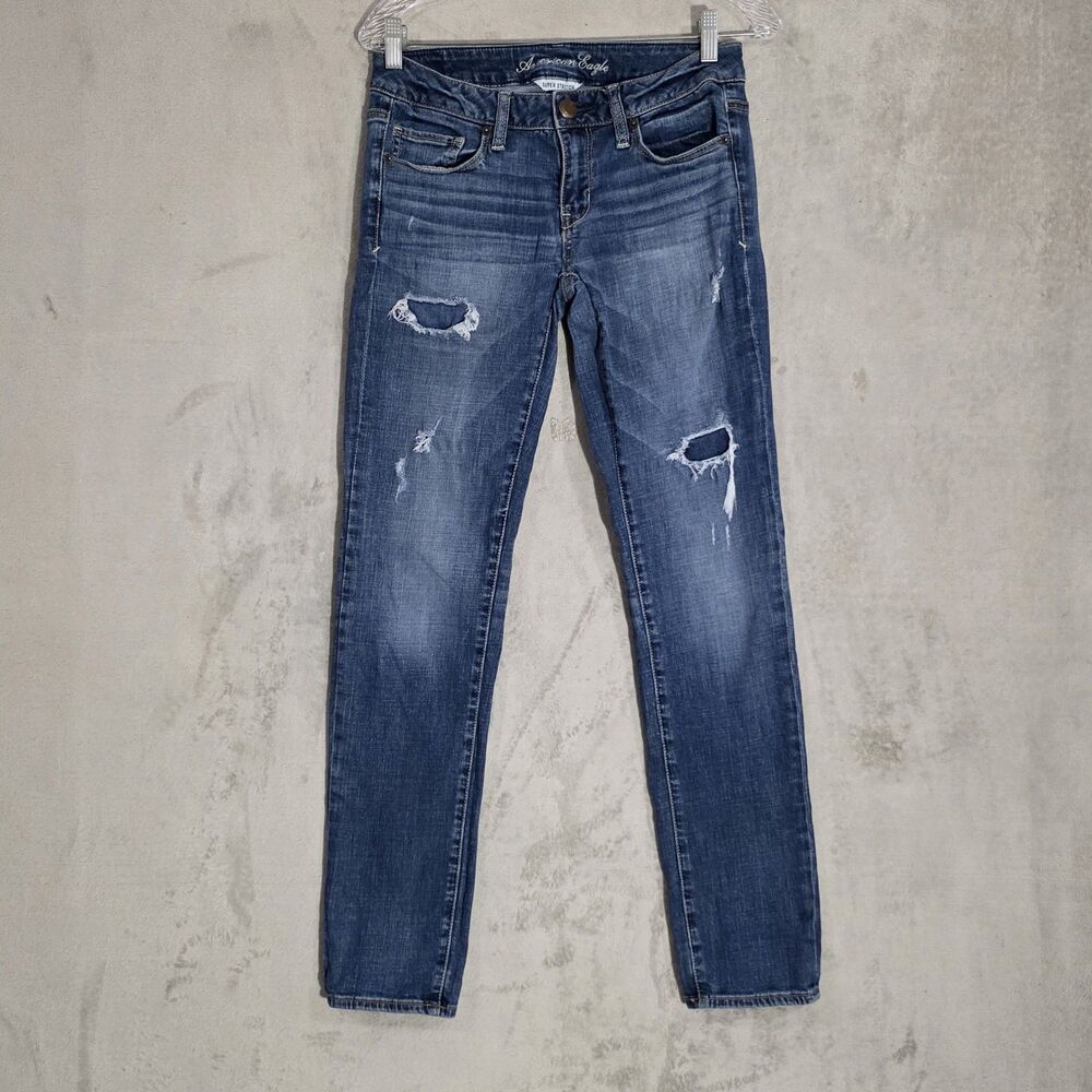 American Eagles Super Stretch Skinny Faux Distressed Jeans Blue Sz 6